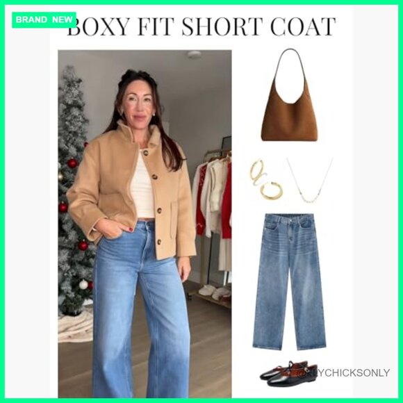 Cropped Pea Coat with Pockets, Boxy Fit Casual Jacket - Picture 5 of 7